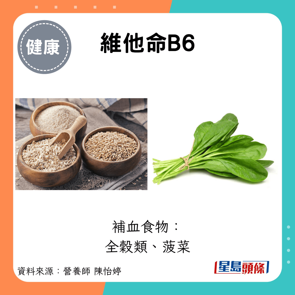 維他命B6：補血食物： 全穀類、菠菜