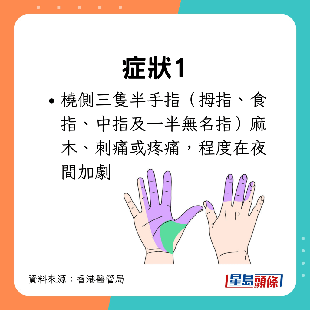 症狀1：三隻半手指麻木或刺痛