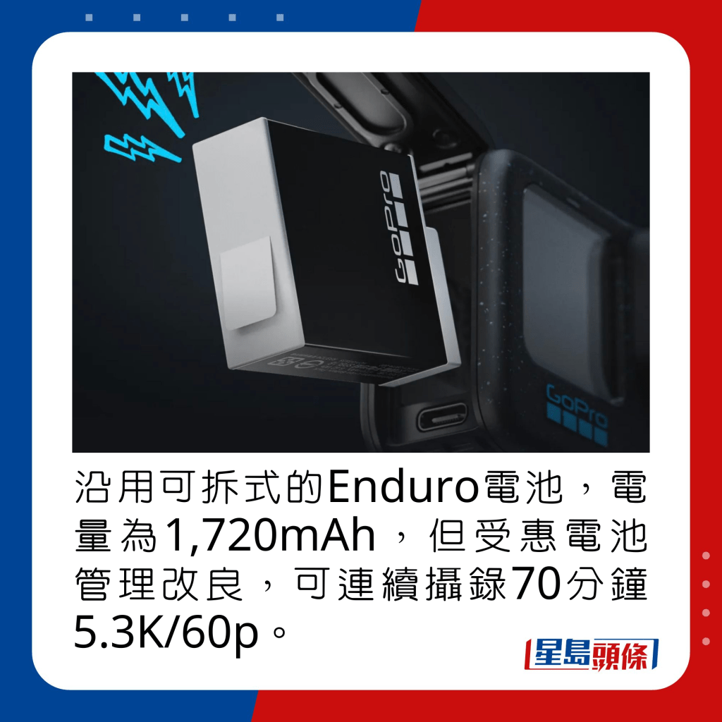 沿用可拆式的Enduro电池，电量为1,720mAh，但受惠电池管理改良，可连续摄录70分钟5.3K/60p。