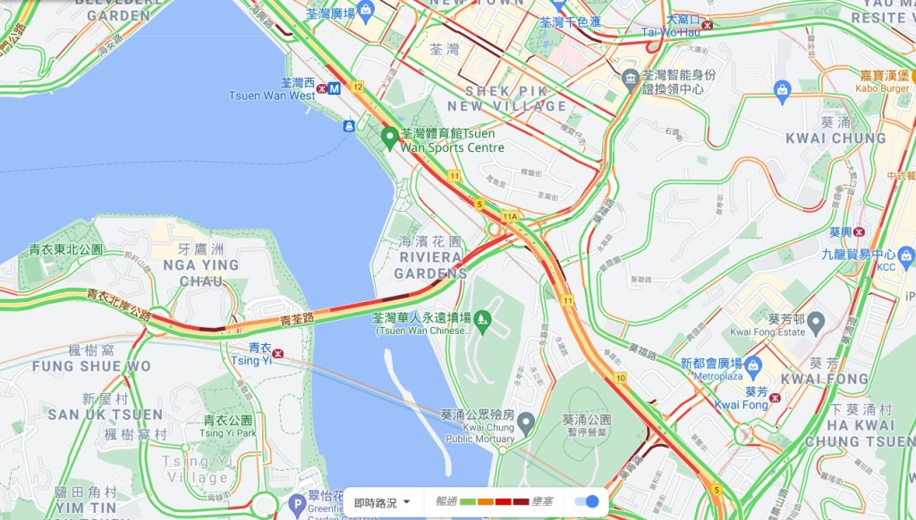 荃灣一帶交通非常擠塞。Google地圖