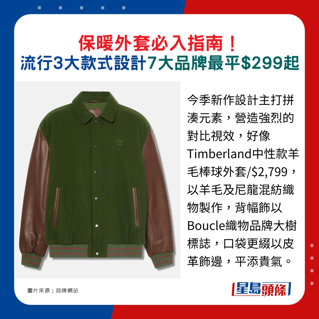 今季新作设计主打拼凑元素，营造强烈的对比视效，好像Timberland中性款羊毛棒球外套/$2,799，以羊毛及尼龙混纺织物制作，背幅饰以Boucle织物品牌大树标志，口袋更缀以皮革饰边，平添贵气。