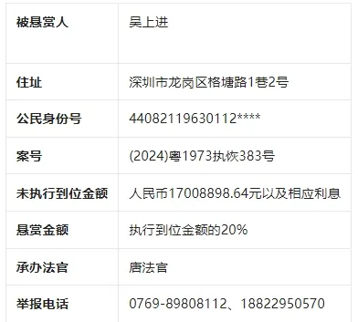 吳上進被指欠債1700萬元人民幣。