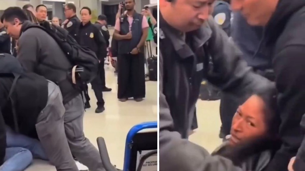 女子被执法人员拘捕时不断反抗。X@Por la calle del Medio