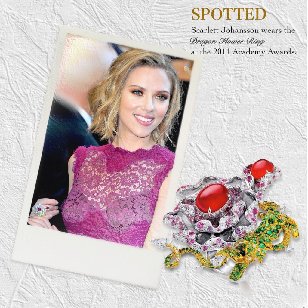 「黑寡妇」史嘉莉祖安逊（Scarlett Johansson）戴过胡茵菲设计的珠宝。