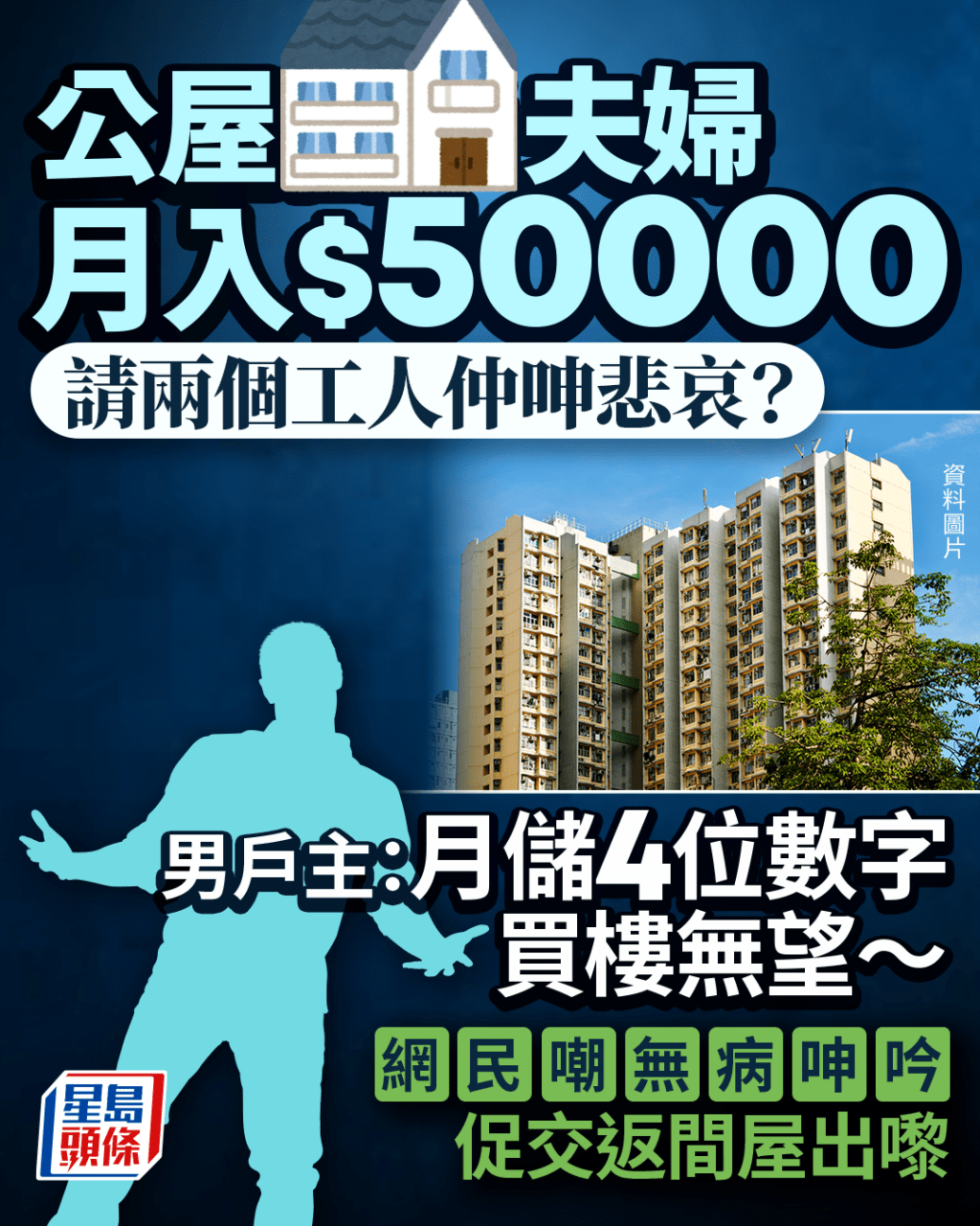 公屋夫婦月入5萬 請兩個工人呻悲哀? 男戶主:月儲4位數字買樓無望 網民嘲無病呻吟 公屋夫婦月入5萬 請兩個工人呻悲哀? 男戶主:月儲4位數字買樓無望 網民嘲無病呻吟
