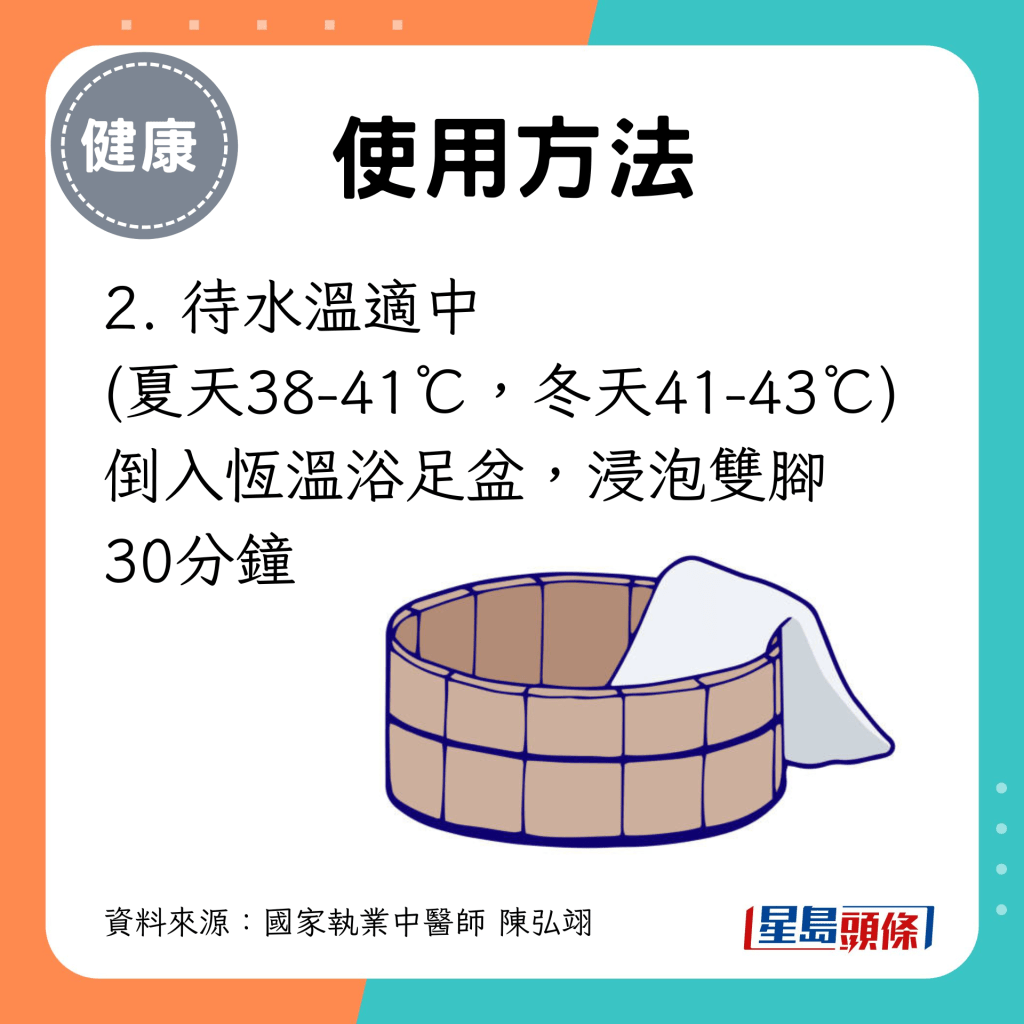 2. 待水溫適中 (夏天38-41℃，冬天41-43℃) 倒入恆溫浴足盆，浸泡雙腳 30分鐘