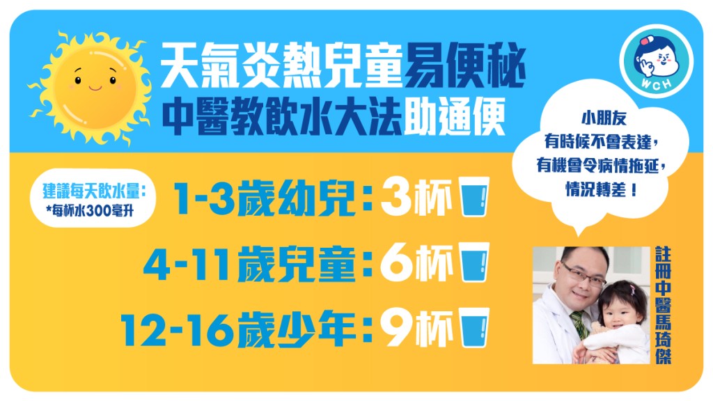 夏天炎熱,小朋友容易出現便秘問題,醫生教改善便秘的飲水方法。
