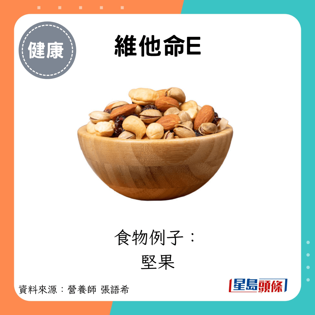 维他命E：食物例子： 坚果