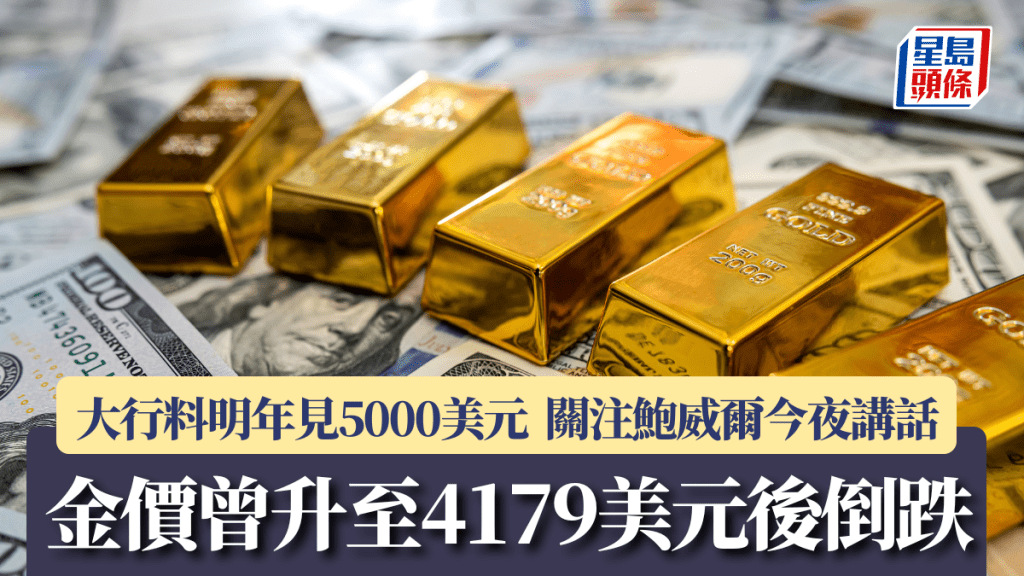 金價曾破頂後再倒跌 大行料明年見5000美元 關注鮑威爾今夜講話