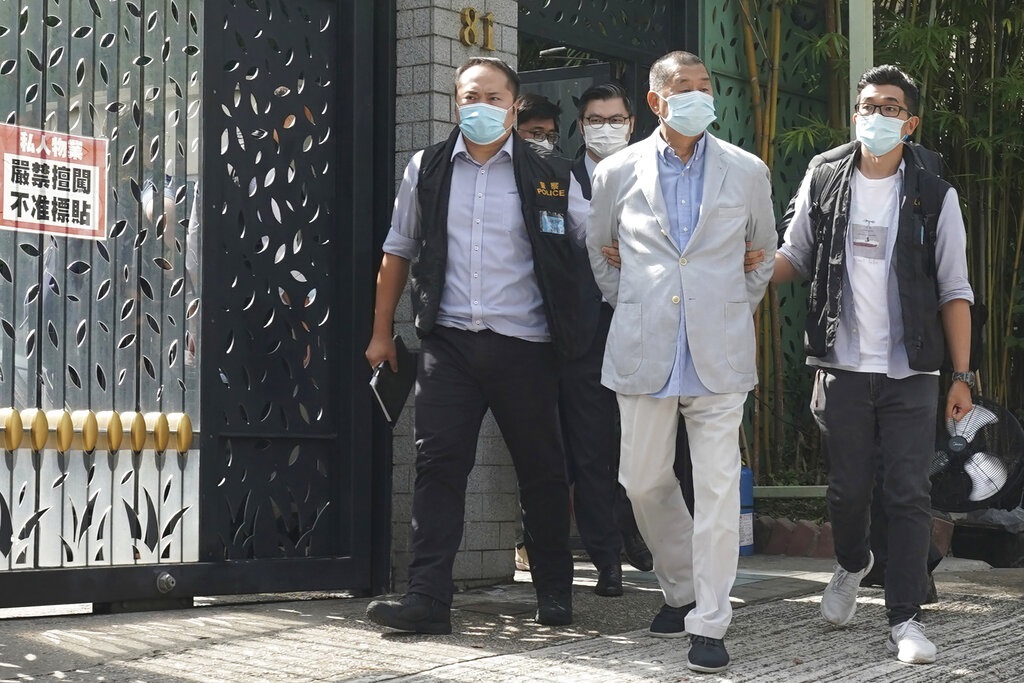 黎智英被捕。AP資料圖片