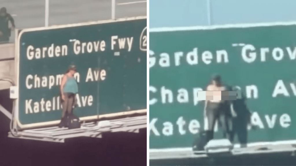 加州一名女子突然爬上一塊高速公路出口指示牌，期間脫去部分衣物。Instagram@oc.hoods，