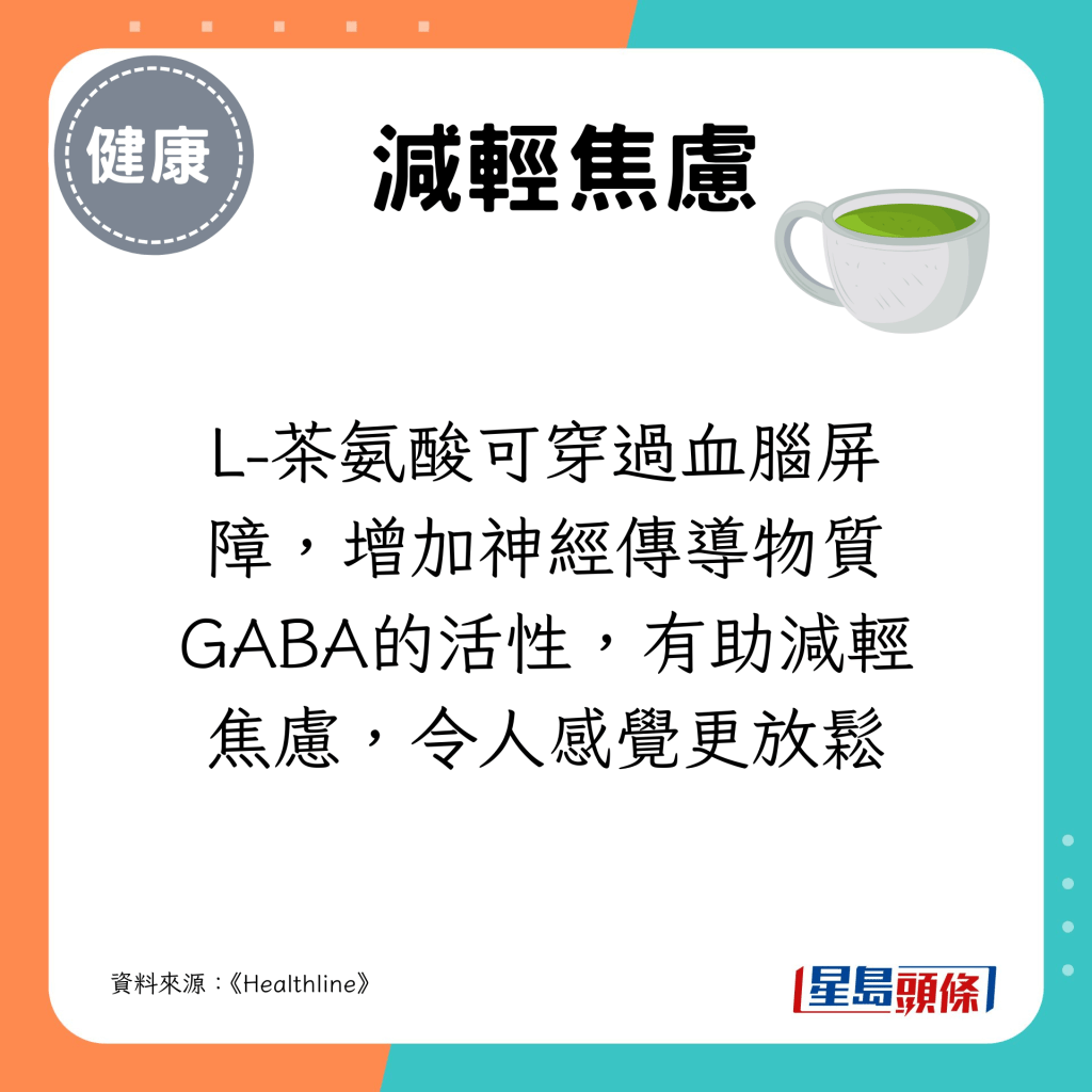 L-茶氨酸可穿過血腦屏障，增加神經傳導物質GABA的活性，有助減輕焦慮，令人感覺更放鬆