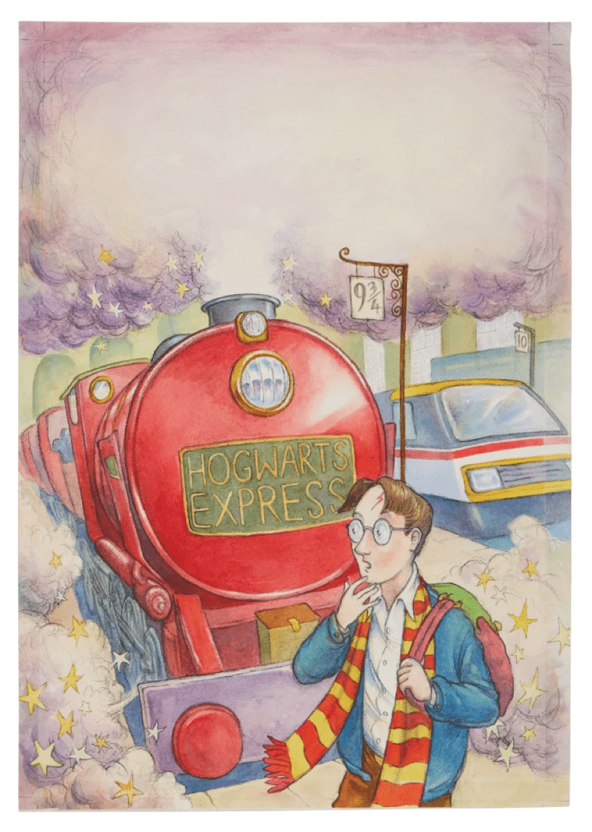 印刷版的小說封面略有裁切，水彩畫原作實際上把10號月台也畫進去，火車頭噴煙的部分相信是預留放書名的位置。 Sotheby