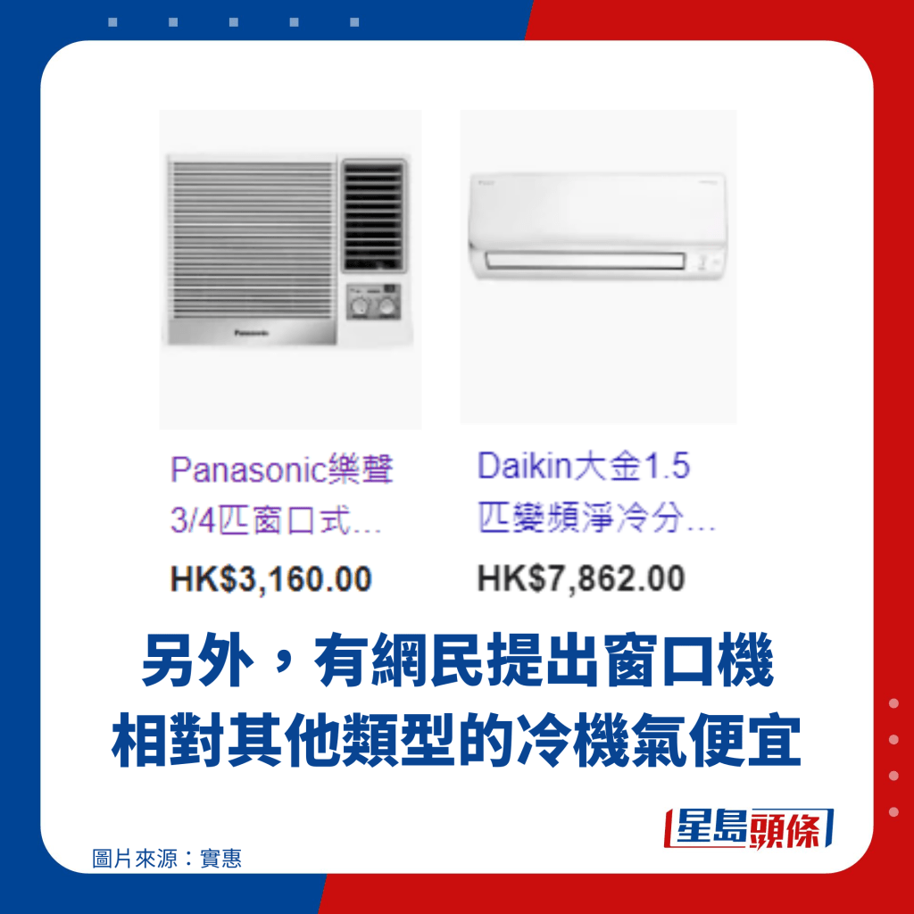 另外，有網民提出窗口機相對其他類型的冷機氣便宜