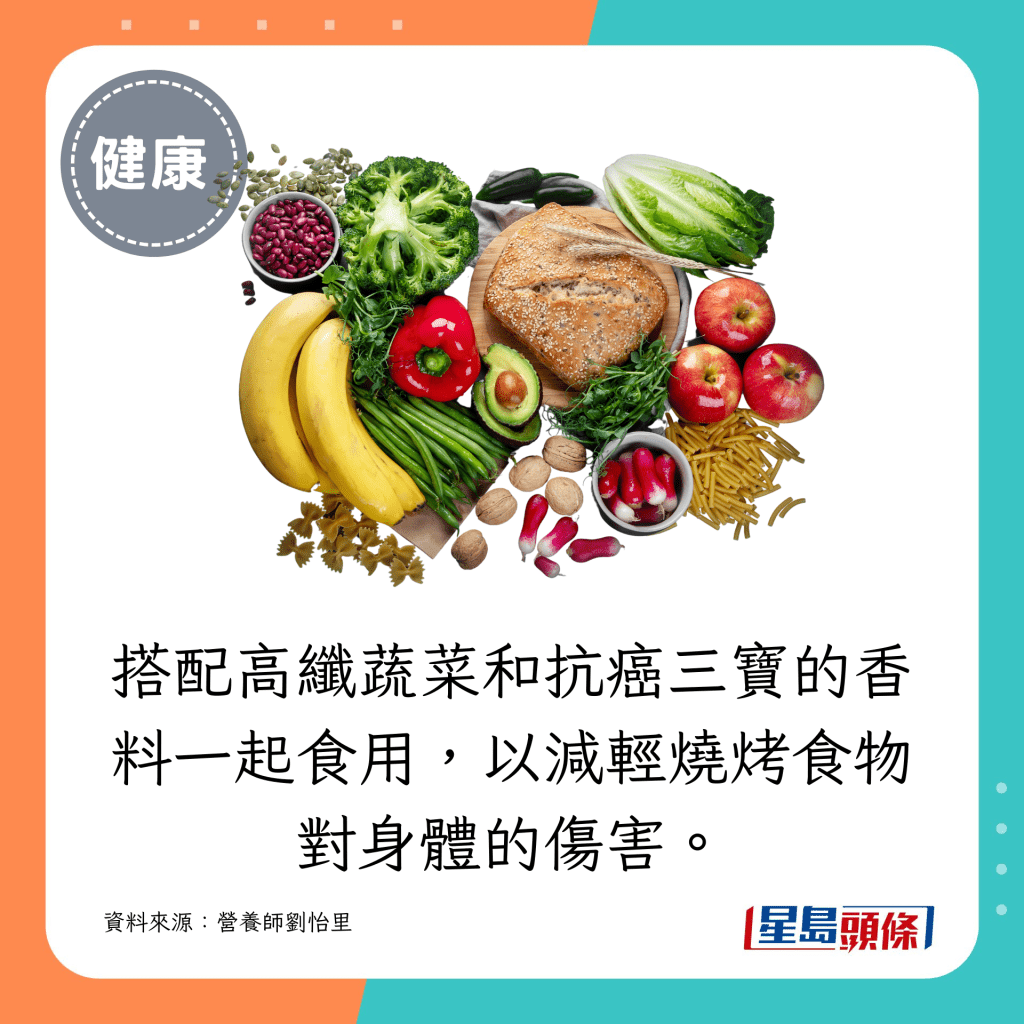 搭配高纖蔬菜和抗癌三寶的香料一起食用，以減輕燒烤食物對身體的傷害。