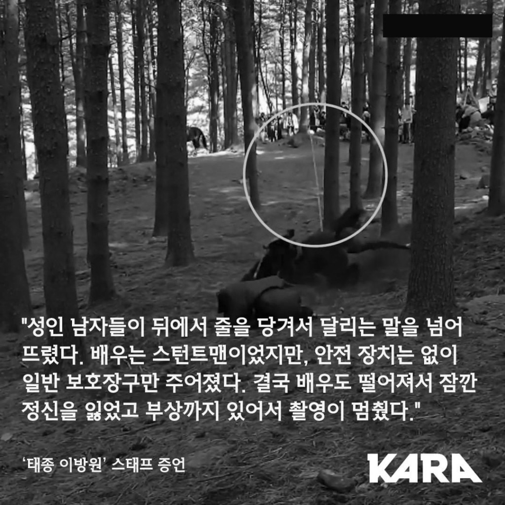 見到馬匹在拍攝時被繩綁住雙腿。