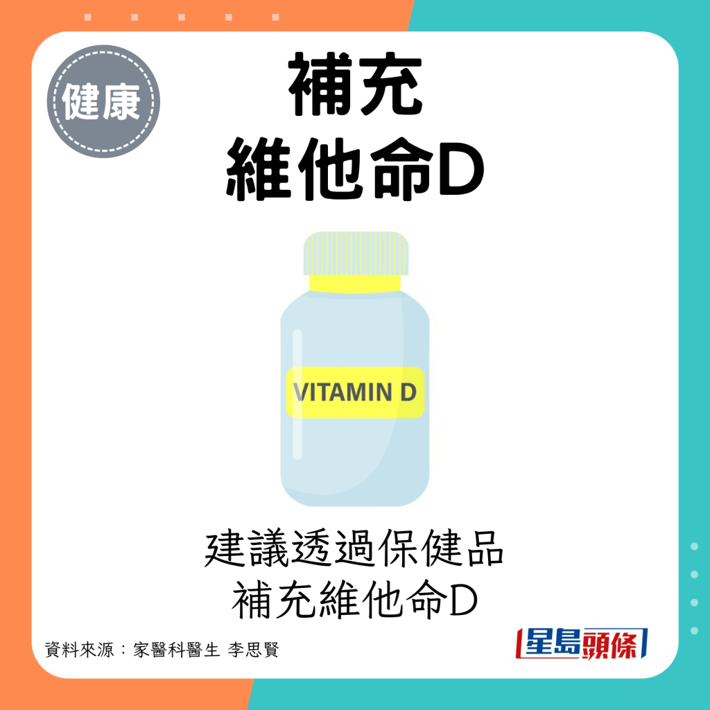 补充维他命D：建议透过保健品补充维他命D。