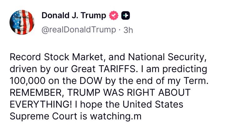 特朗普在社交平台上帖文預言道指在其任內將見10萬點。