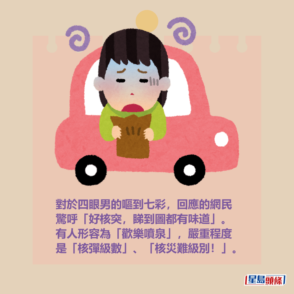 對於四眼男的嘔到七彩,回應的網民 驚呼「好核突,睇到圖都有味道」。 有人形容為「歡樂噴泉」,嚴重程度 是「核彈級數」、「核災難級別!」。 對於四眼男的嘔到七彩,回應的網民 驚呼「好核突,睇到圖都有味道」。 有人形容為「歡樂噴泉」,嚴重程度 是「核彈級數」、「核災難級別!」。