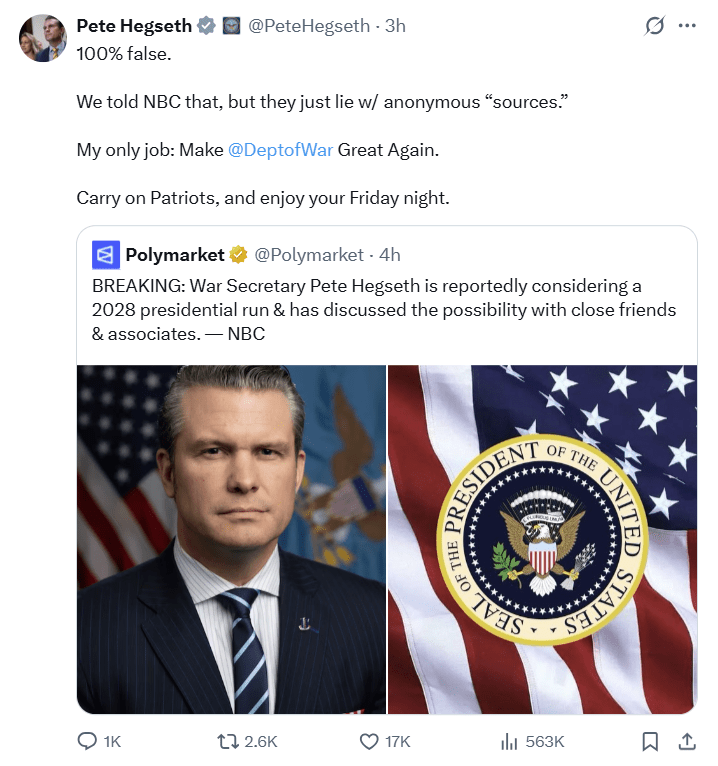 美防长否认自己有意愿竞选2028年美国总统大选。PeteHegseth@X 美防长否认自己有意愿竞选2028年美国总统大选。PeteHegseth@X