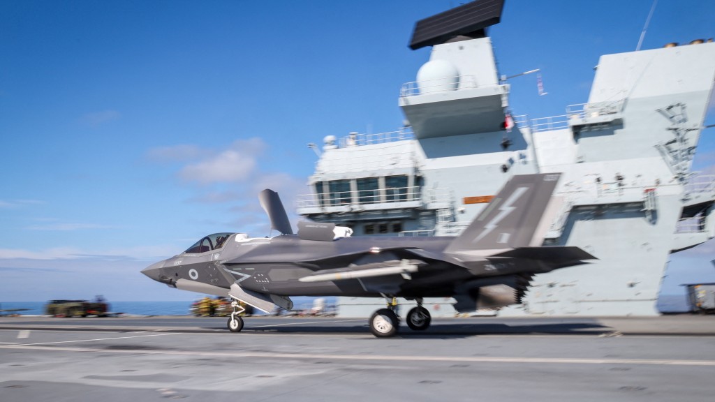 英國航母「威爾斯親王號」上的F-35B。 路透社 英國航母「威爾斯親王號」上的F-35B。 路透社