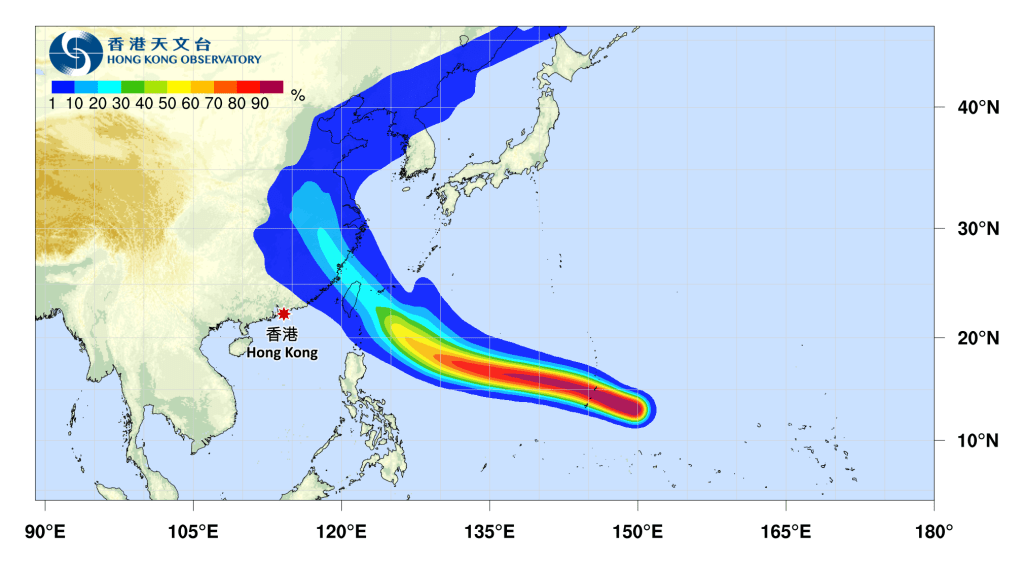 香港天文台熱帶氣旋「巴威」路徑概率預報。 香港天文台熱帶氣旋「巴威」路徑概率預報。