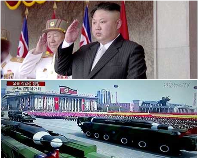 金正恩無穿中山裝,換上一套黑色西裝;圖下,搭載「北極星2型」潛射彈道飛彈的卡車在閱兵行列中。