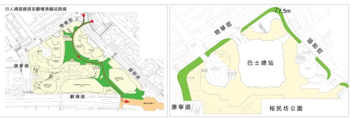 觀塘市中心項目設有蓋行人走廊連接港鐵站（左圖），地面建築物亦會從周邊的道路向後移，騰出空間作較寬闊的行人道（右圖、綠色範圍）。韋志誠網誌