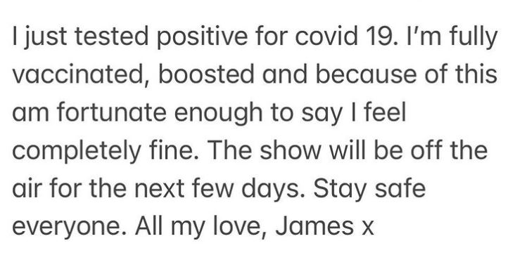 James昨日在IG留言宣佈自己中招。