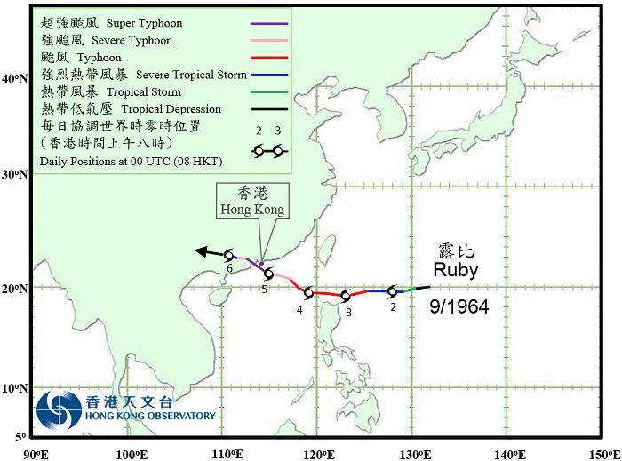 1964年超強颱風「露比」的路徑。天文台圖片 1964年超強颱風「露比」的路徑。天文台圖片