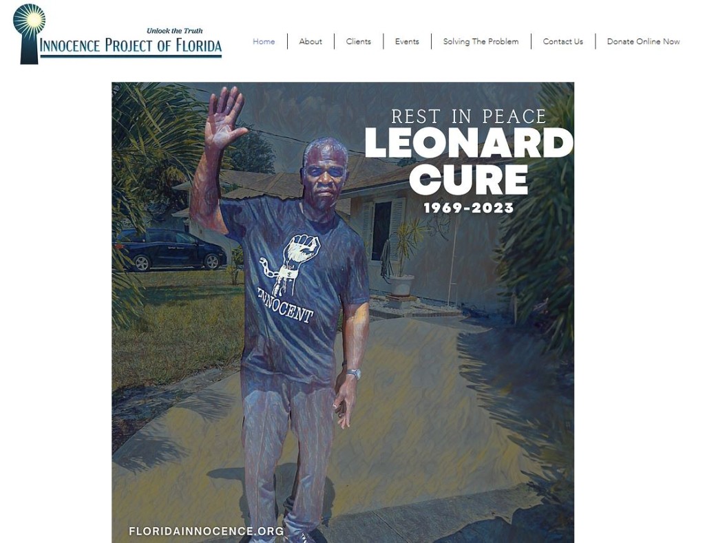 民權組織Innocence Project of Florida官網首頁，紀念居爾不幸身亡。