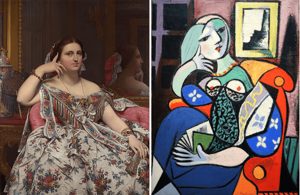《莫蒂西爾夫人》（左）是安格爾晚年具代表性的肖像作品之一，畢加索以其再創作繪成了《拿著書本的女人》（右）。
