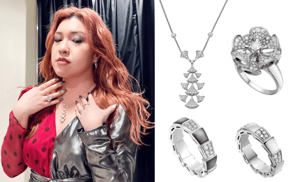 Serrini一身珠光寶氣現身音樂節目。Divas' Dream系列18K白金頸鏈，鑲嵌密鑲鑽石。Divas' Dream 系列18K白金戒指，鑲飾一顆主鑽，飾以全密鑲鑽石。Serpenti Viper系列18K白金戒指，飾以半密鑲鑽石。同系列18K白金戒指，鑲嵌灰色珍珠貝母，飾以密鑲鑽石。