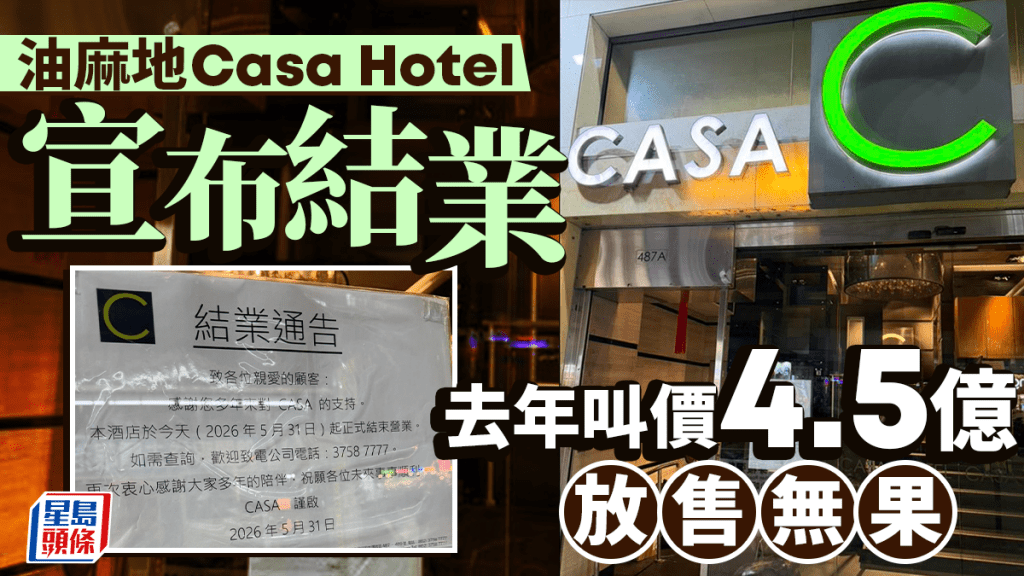 結業潮｜油麻地Casa Hotel宣布結業 162間客房走入歷史 去年叫價4.5億放售無果