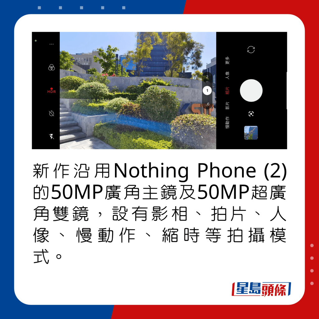 新作沿用Nothing Phone (2)的50MP广角主镜及50MP超广角双镜，设有影相、拍片、人像、慢动作、缩时等拍摄模式。