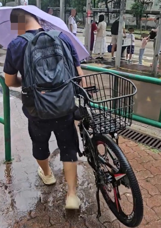事發於粉嶺欣盛苑附近，短片長約52秒，片中見到 的單車疑似上了鎖，大叔無法靠車輪推動，唯有單 手離地拿走。短片開始時已見事主亦步亦趨，沿途 跟著左手撐傘，右手挽著單車的大叔在狂鬧：fb「粉嶺上水街坊交流區」截圖