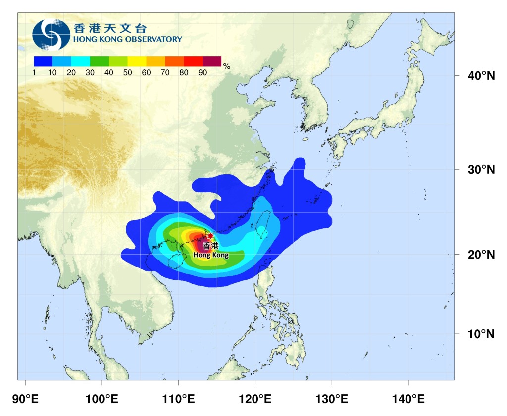 天文台表示,查帕卡會在今明兩日靠近珠江口以西一帶,並在本周中期橫過廣東西部沿岸,隨後路徑存在變數。熱帶氣旋路徑概率預報