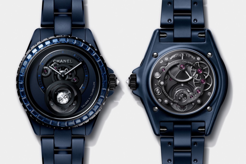 Chanel J12 Bleu Diamond Tourbillon,錶殼:38mm陶瓷及不鏽鋼 / 機芯:Calibre 5手上鏈 / 限量:55枚 / 售價:待詢。 Chanel J12 Bleu Diamond Tourbillon,錶殼:38mm陶瓷及不鏽鋼 / 機芯:Calibre 5手上鏈 / 限量:55枚 / 售價:待詢。