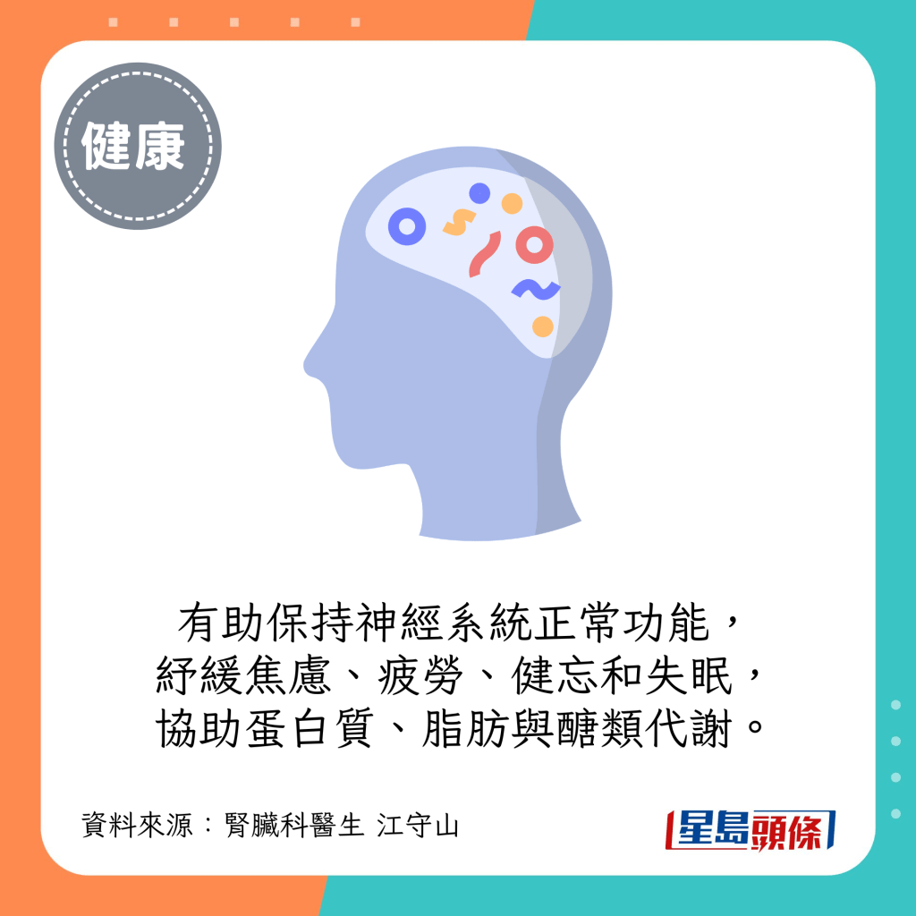 有助保持神經系統正常功能，紓緩焦慮、疲勞、健忘和失眠，協助蛋白質、脂肪與醣類代謝。