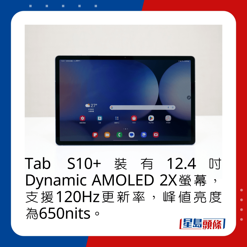 Tab S10+装有12.4寸Dynamic AMOLED 2X萤幕，支援120Hz更新率，峰值亮度为650nits。