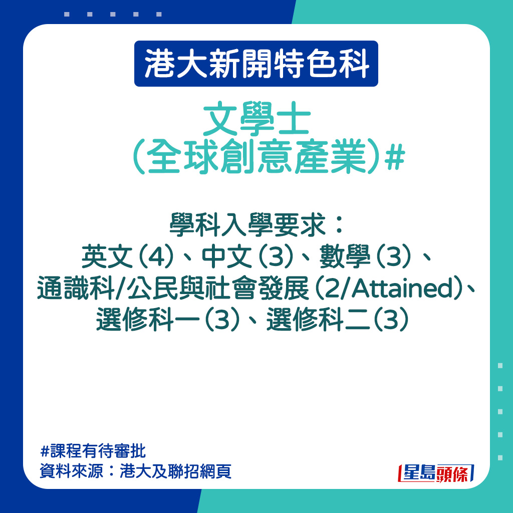 港大新開特色科｜文學士（全球創意產業）的入學要求。