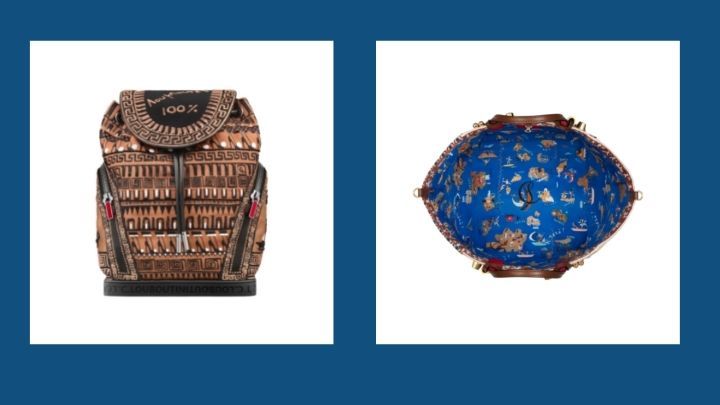 左/奪目的藍色襯裡拼LoubiOdissey印花手袋、右/EXPLORAFUNK復古刺繡小牛皮背囊。