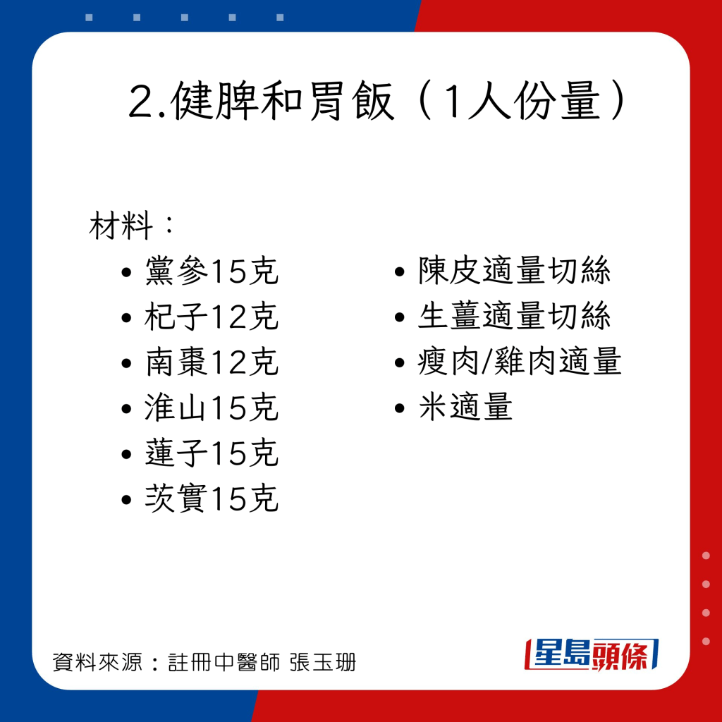 預防傷風感冒食療：健脾和胃飯 材料 