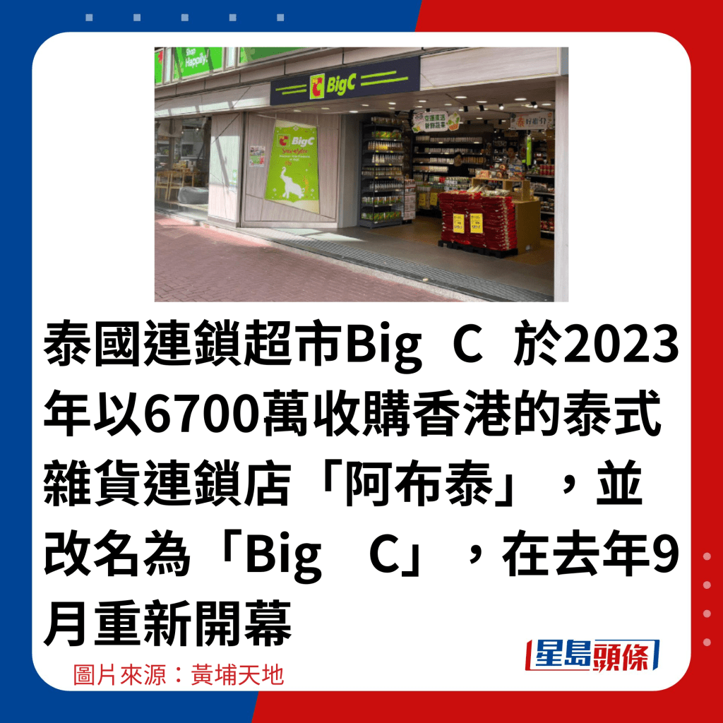 泰国连锁超市Big C 于2023年以6700万收购香港的泰式杂货连锁店「阿布泰」，并改名为「Big C」，在去年9月重新开幕