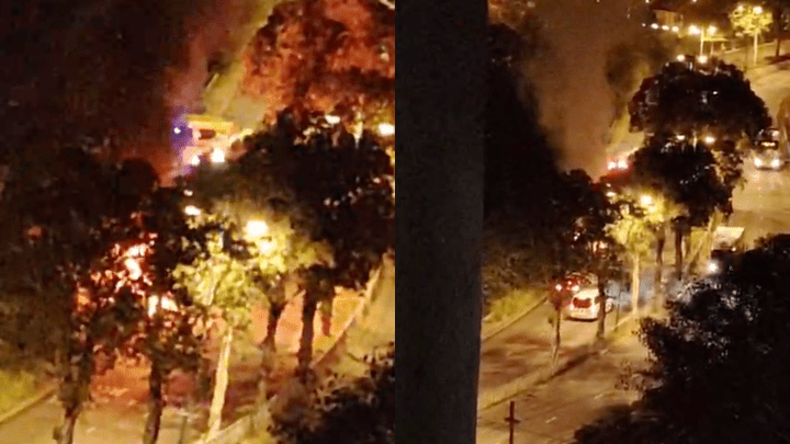 事發後私家車迅速陷入火海，冒出大量濃煙。讀者提供