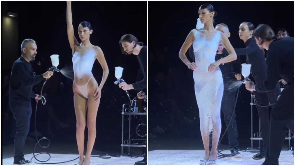 超模Bella Hadid半身全裸著T字褲現身巴黎時裝周 科學家即場噴條裙畀佢