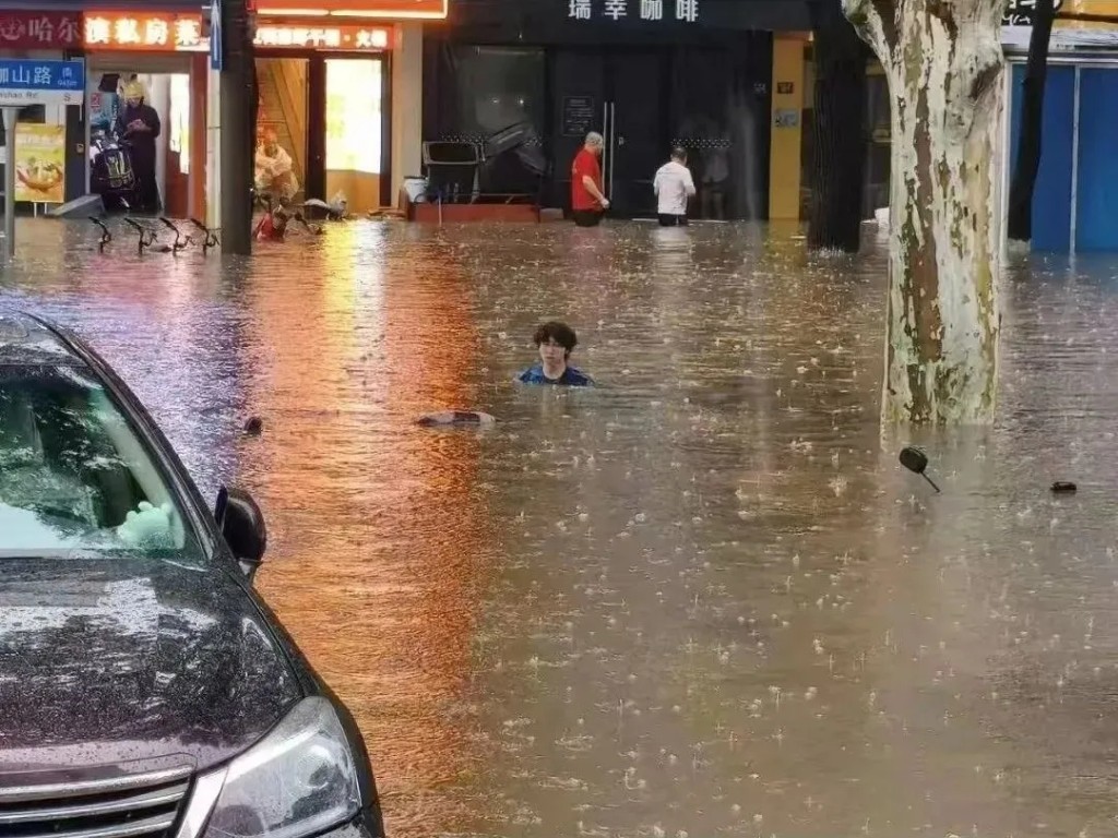 武漢大學校門水淹至肩膀。 武漢大學校門水淹至肩膀。