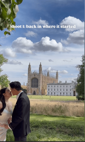 在充滿共同回憶的劍橋校園中，施宇琪與未婚夫深情擁吻，畫面溫馨幸福。