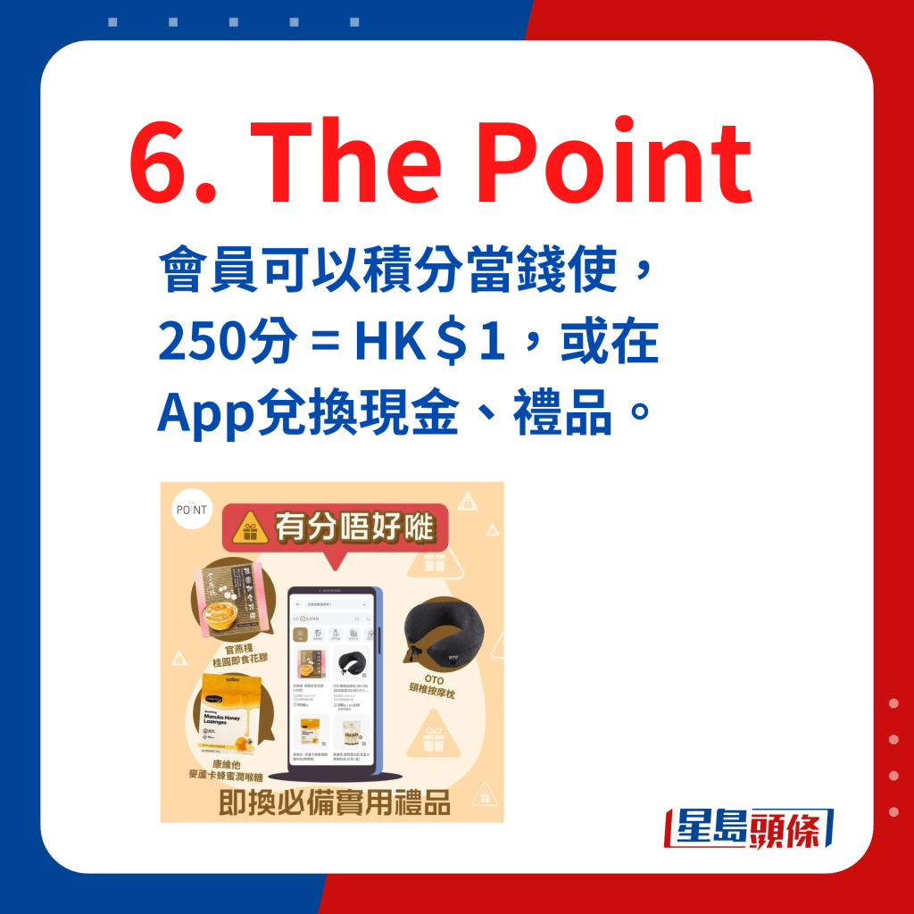 The Point会员可以积分当钱使，250分 = HK＄1，或在App兑换现金、礼品。