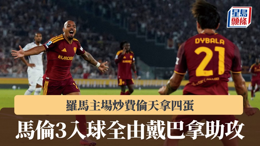 意甲｜罗马主场炒费伦天拿四蛋 马伦3入球全由戴巴拿助攻。路透社